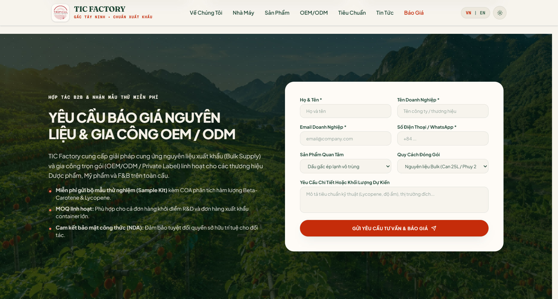 Biểu mẫu yêu cầu báo giá nguyên liệu & gia công OEM/ODM